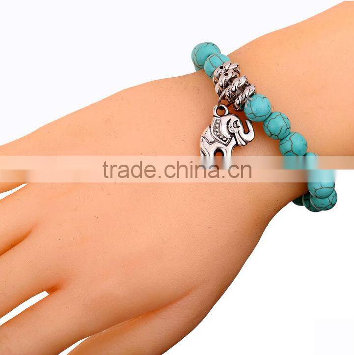 New Elegant Jewelry Tibetan Silver Bangle Turquoise Beads Dangle Elephant Bracelet