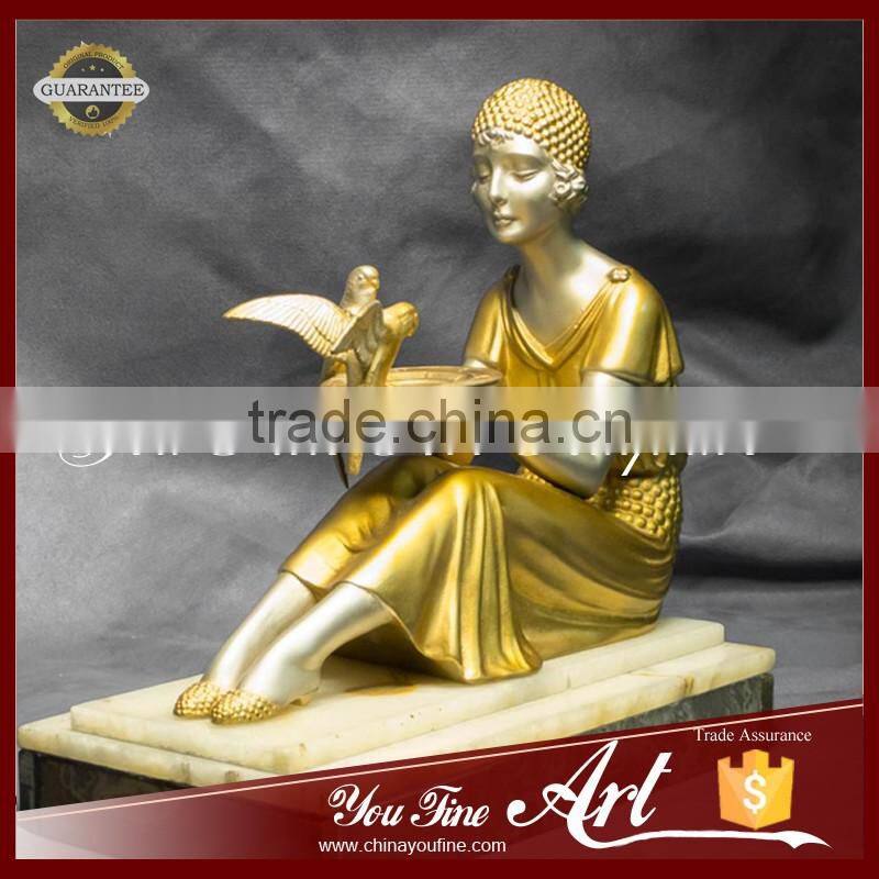 Hold Bird Bronze Golden Sitting Girl Sculpture