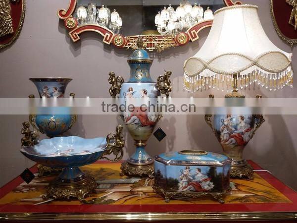 European Design Decorative Porcelain Compote Mouthed With Bronze Curved Leaves Handles, Enamel Ceramic and Brass Fruit Bowl