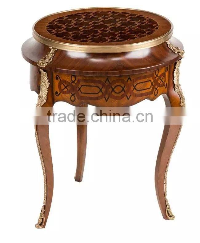 Vintage Natural Wood Carved Coffee Table With Brass Pedestal Handmade Marquetry Round Side Table Castle Living Room Furniture