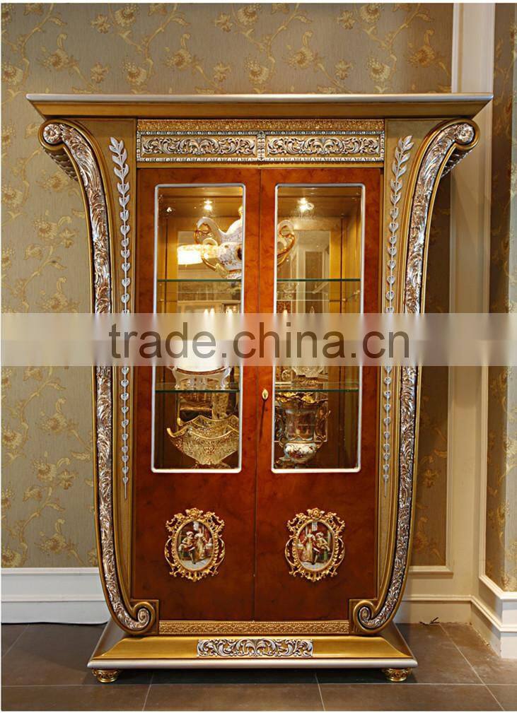 Luxury French Baroque Style Golden Four Door Glass Display Cabinet/ Gorgeous Home Decorative Cupboard Showcase/ Glass Vitrine