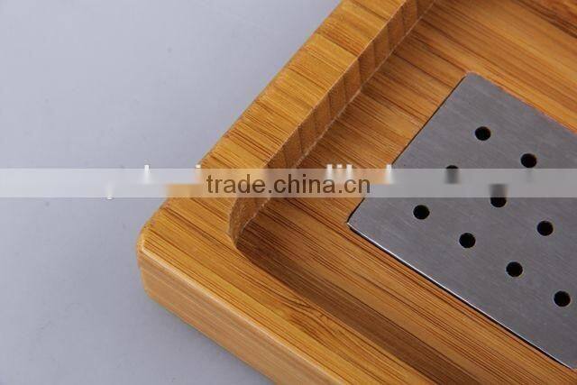 square bamboo and stainless steel soap dishes