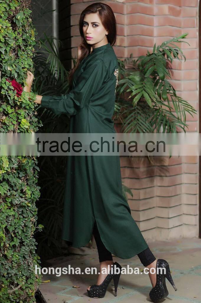 Latest front open shirt kurta designs with long sleeves fashion back embroidery HSD7685