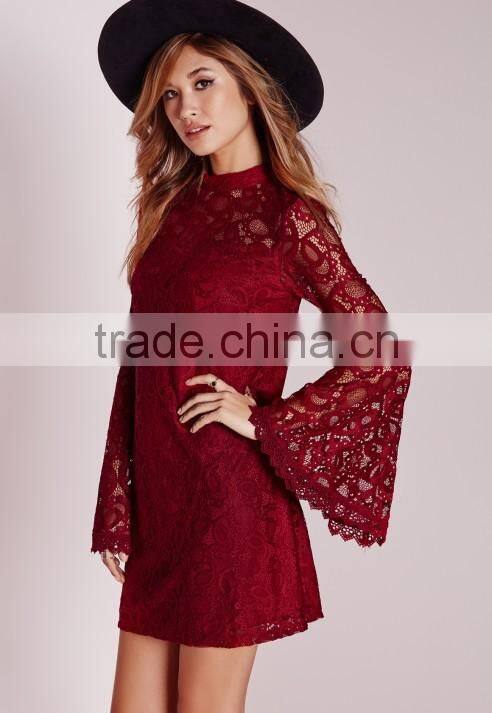 wholesale fashion new design long sleeve red lace swing dress red