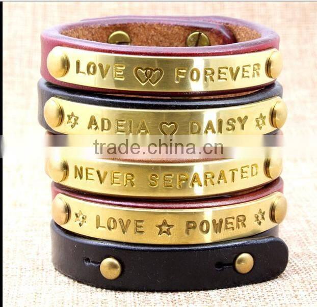 Custom lover's genuine leather anniversary bracelets with words engraved