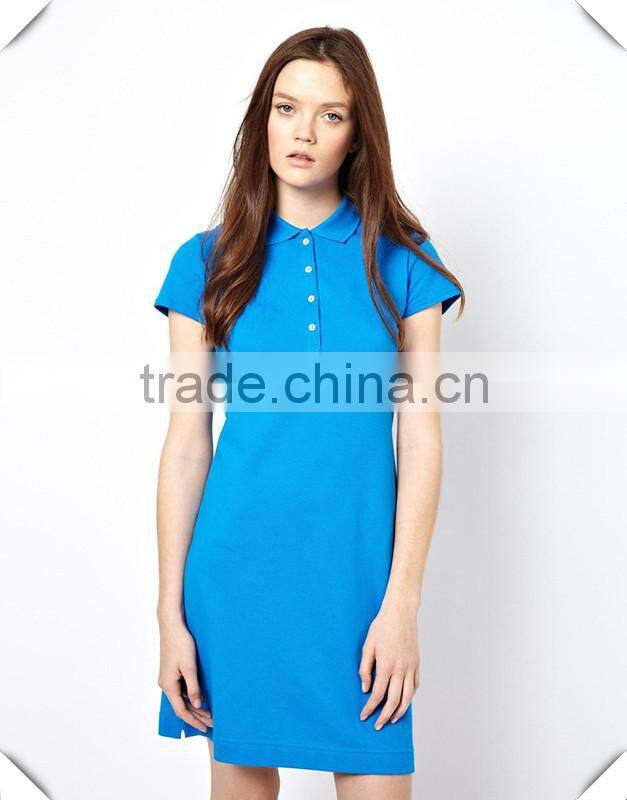 2015 New Arrival Womens Short Sleeve Stretch Pique Classic Polo Dress Plain Blue 100% Cotton Pique Polo Dress