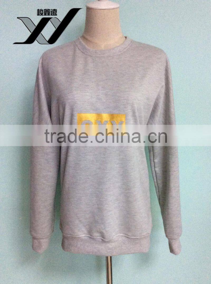 China suppliers garments in terry without hood o-neck cheap design hot stamp slim fitted plain dyed for women sweatshirt hoodies