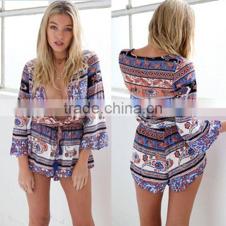 Ebay hot sell 2016 Summer Euro Style Sexy V Neck Printed jumpsuits Long sleeve with belt for Women