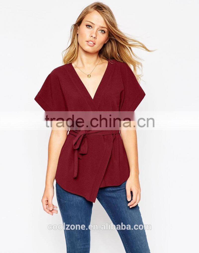 Wholesale wide-cut cuffs wrap design lady blouse,fashion belted blouse 2016