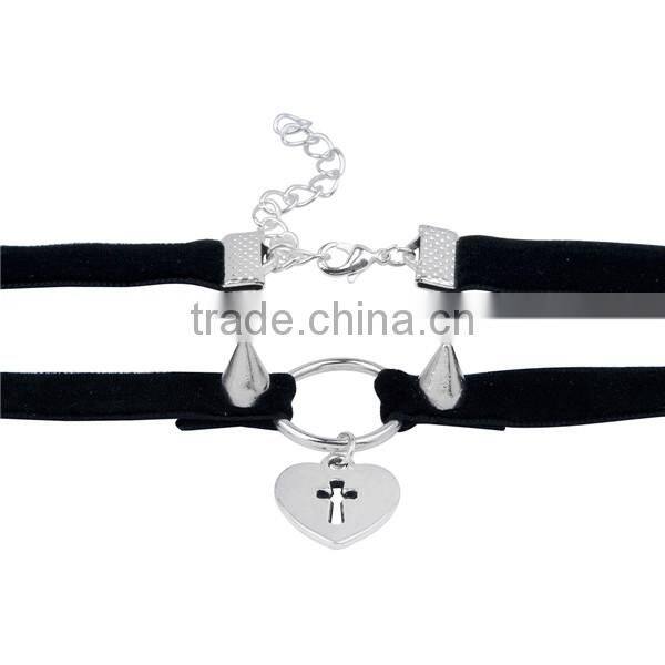 Velveteen Halloween Choker Necklace Antique Silver Black Heart Cross 34cm long