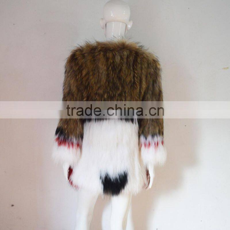 SJ045-01 China Glossy Sumptuous Raccoon Knitted Fur Coats/Women Coats with out Lining/Multicolor Fur Coats