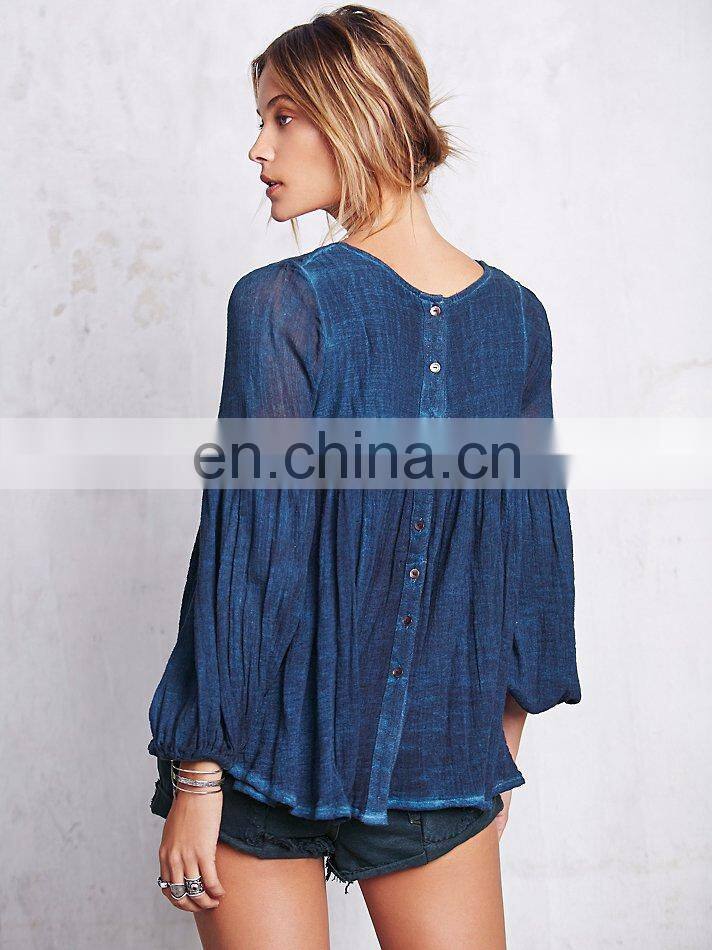 High quality 3/4 sleeve cotton yarn babydoll shirt , ladies gauze shirt
