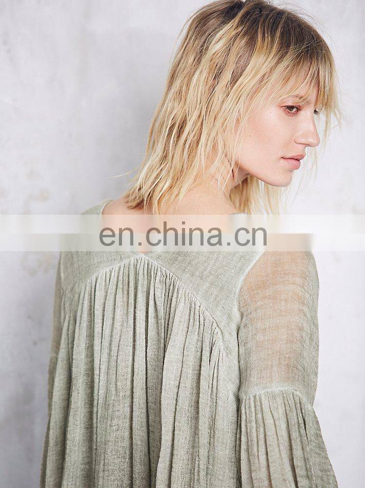 High quality 3/4 sleeve cotton yarn babydoll shirt , ladies gauze shirt