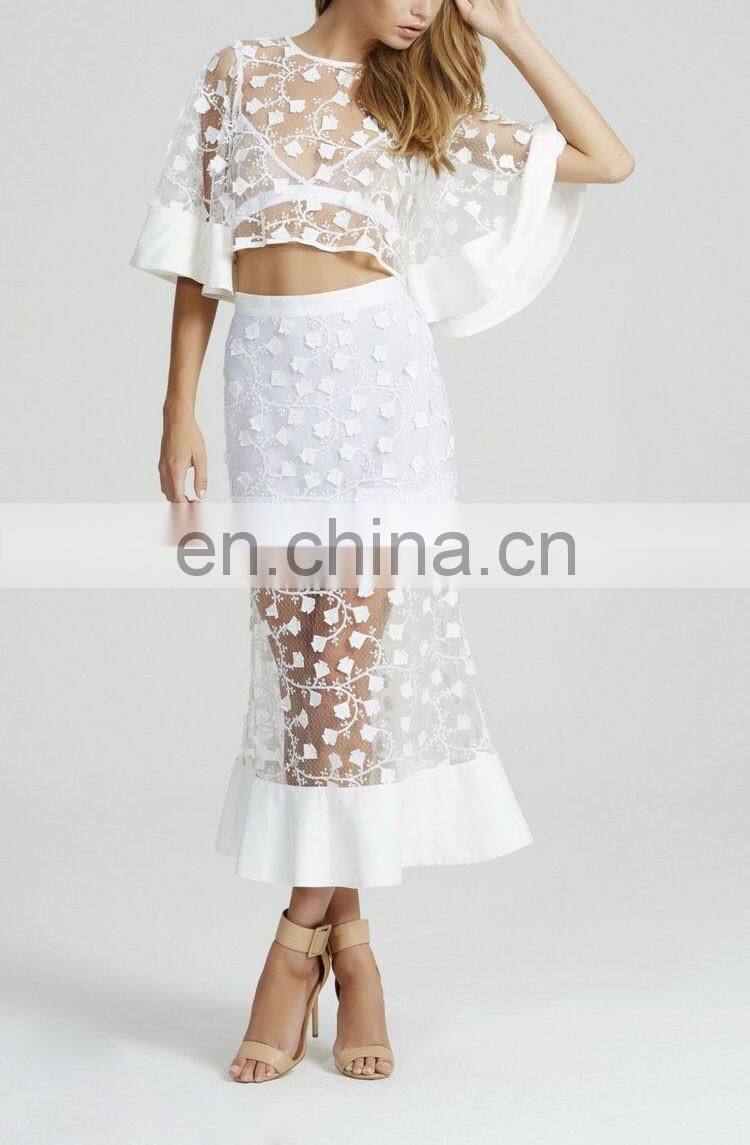 Alibaba China Factory Florals See Through White Mesh Lace Twin Sets Mermaid Prom Dress