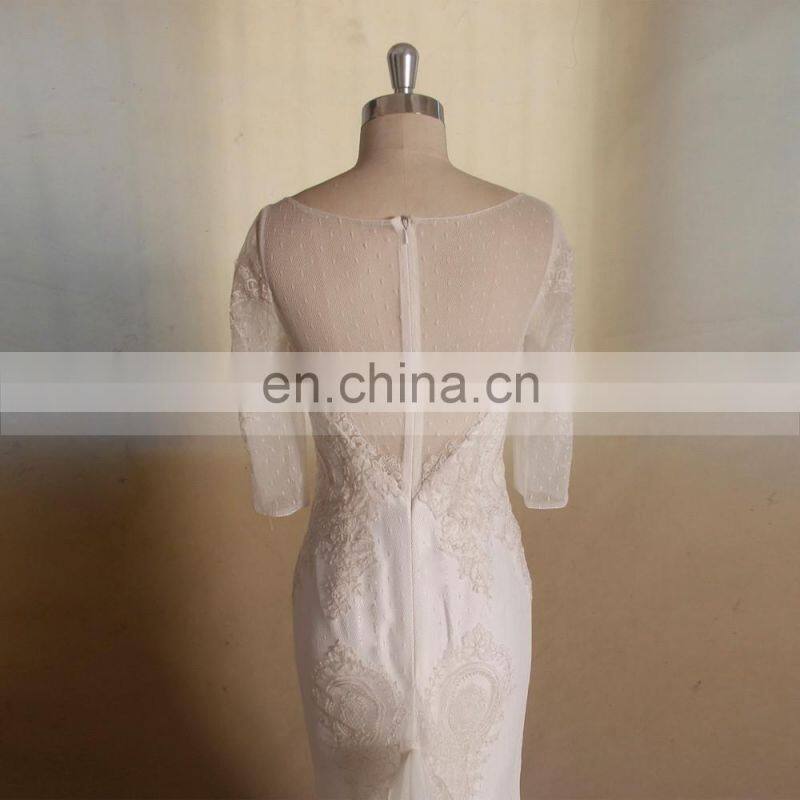 Honorable mermaid scoop neck 3/4 sleeve lace long train wedding dress