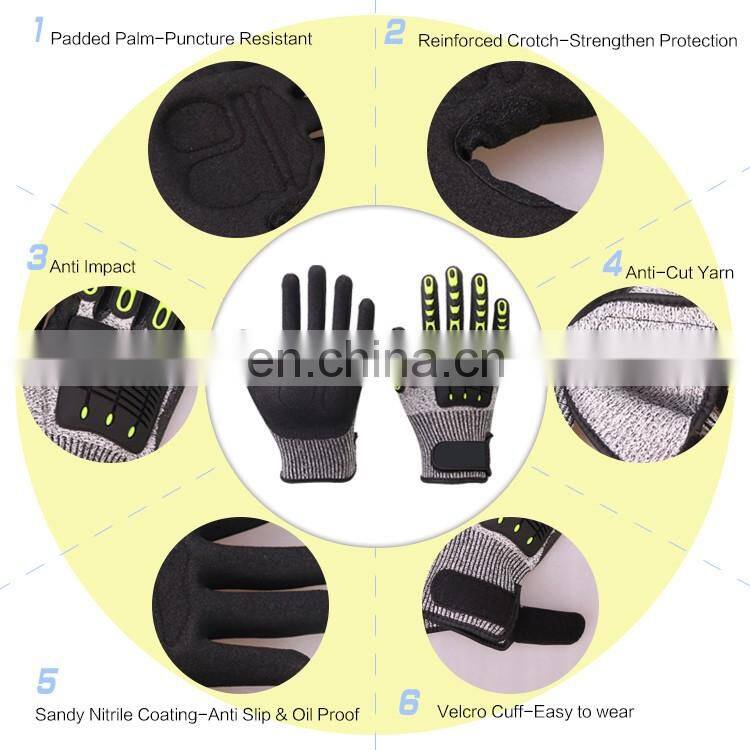 13G HPPE Mining ANSI cut A5 impact TPR Shock proof safety glove Mechanical Work Gloves Knuckle guard Gloves