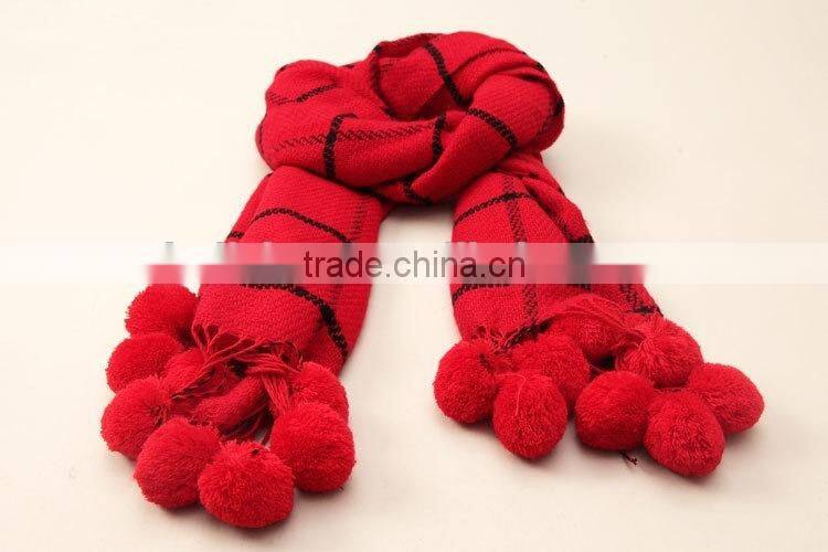 New Design Checked Plaid Acrylic Ball Fashion Ladies Winter Scarf