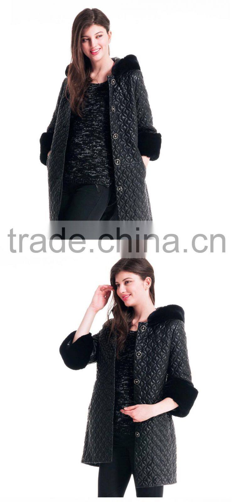 Winter Women Medium Length Embroidered Coat With Detachable Beaver Rabbit Skin Hat Overcoat