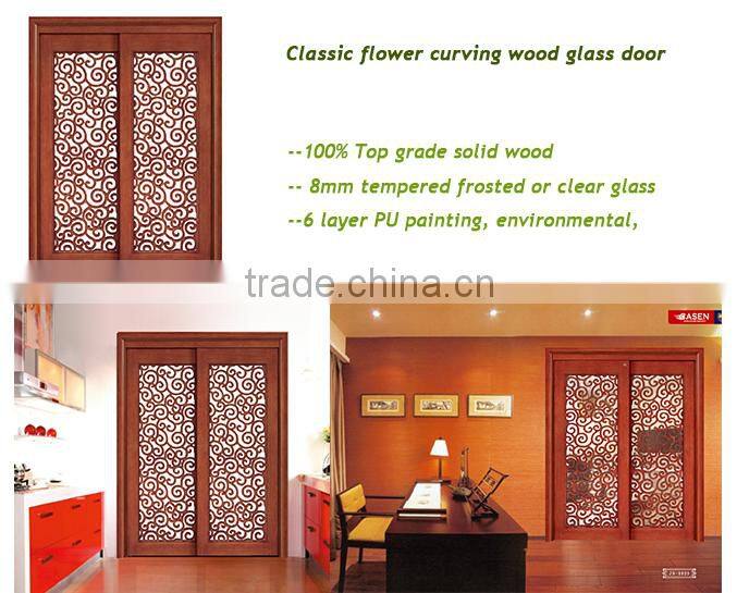 Rustic interior room flower carving wood frame sliding glass door