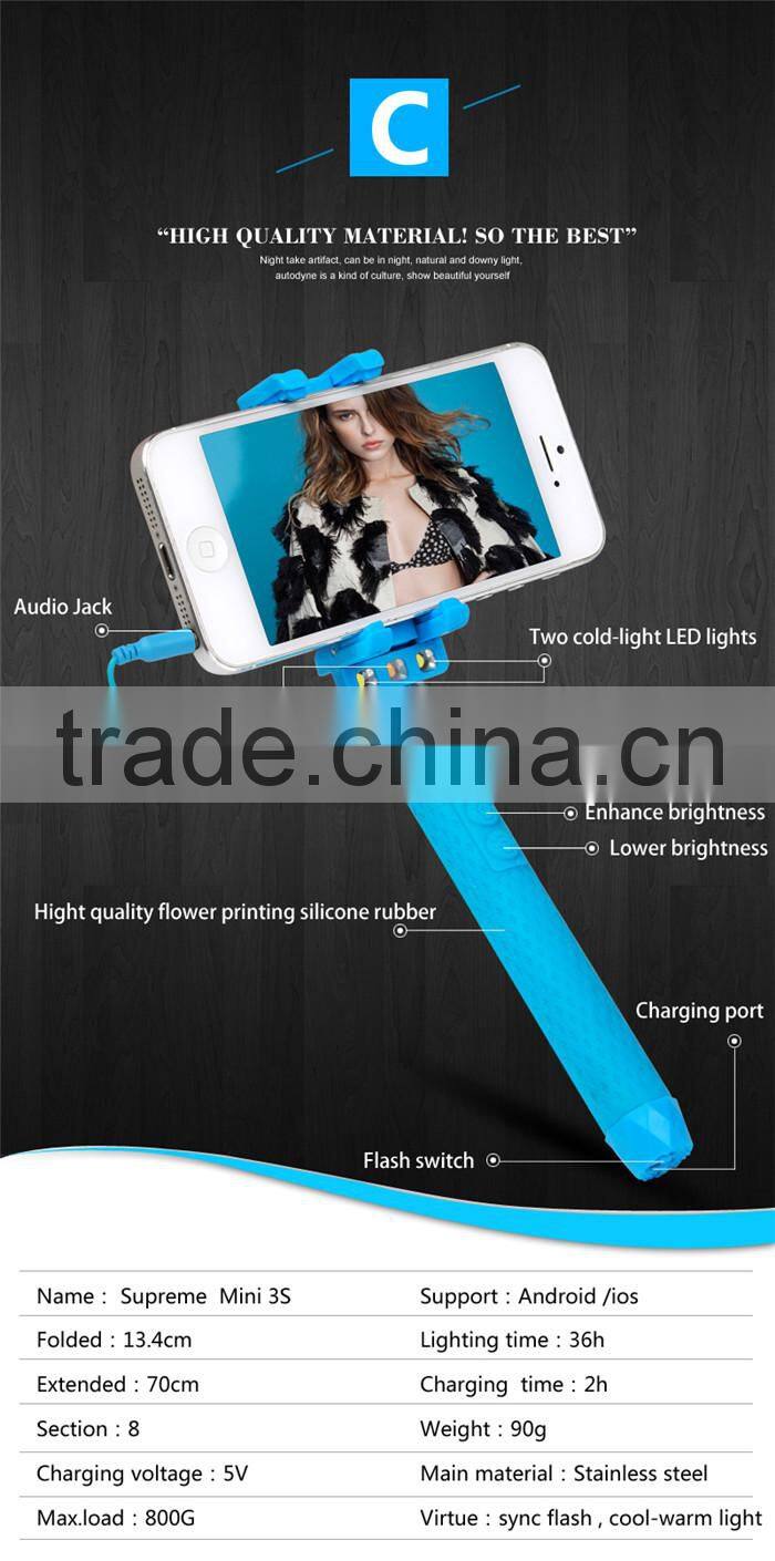 New 2016 product idea mobile phone selfie stick with led light tripod