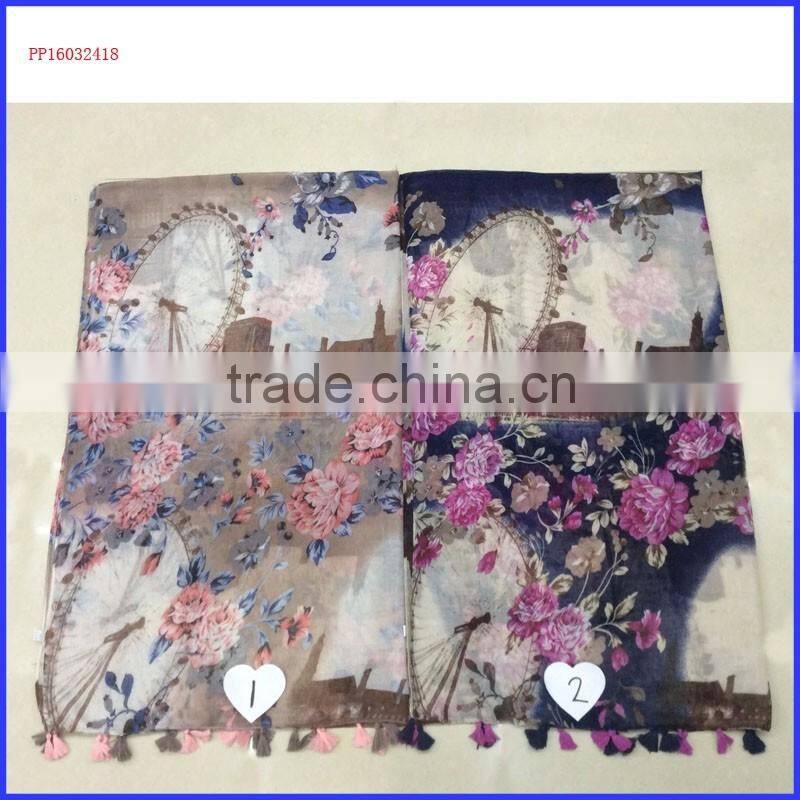 2016 small red flower printed scarf with fringe wholesale