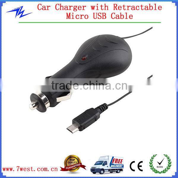 Car Charger with Retractable Cable,Mini USB Car Charge 5V 1000mAh with CE & RoHS
