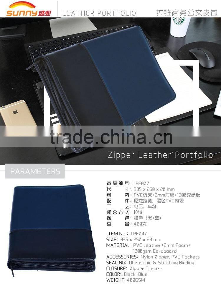 A4 leather Customized Cheap portfolio file folder with Zipper