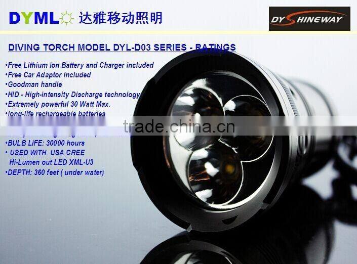 DY-D03 super bright led diving light,3*XML LEDS,30w,3500lm,piezoelectric switch,4*18650liion battery ,runtime 2 hours with full