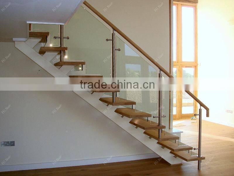 Indoor wood step straight staircase with glass railing