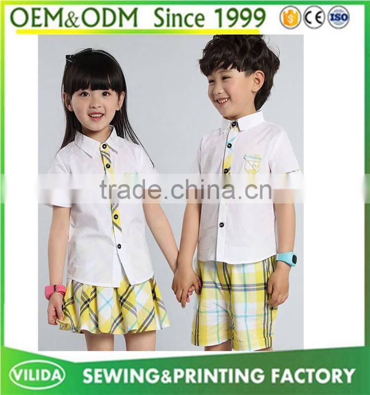 Hot selling kindergarten uniform new fashion primary school uniform white shirt and yellow checked shorts or skirt