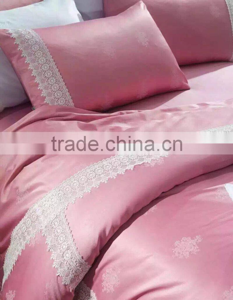 Solid color pink color bedding set bed cover set with lace