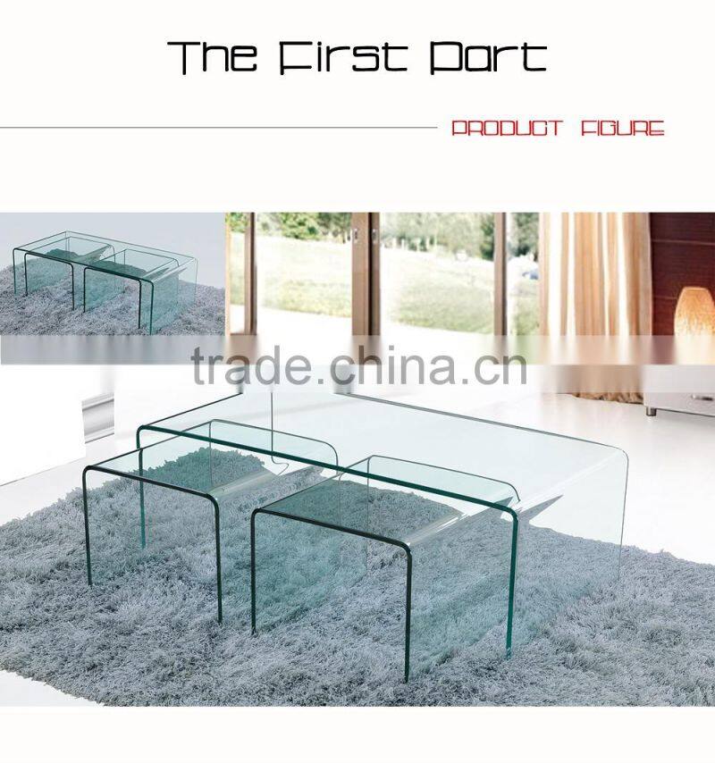 Classic Design Special Shape All Glass Transparent Coffee Table Glass Top 1+2 cafe table