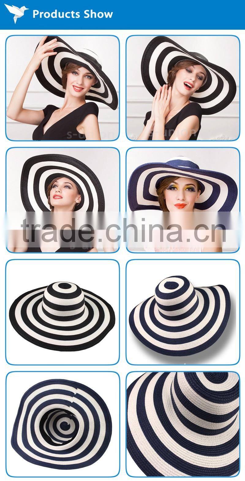 2016 new fashion summer large brim beach sun womens hats ladies black and white stripes floppy straw hat