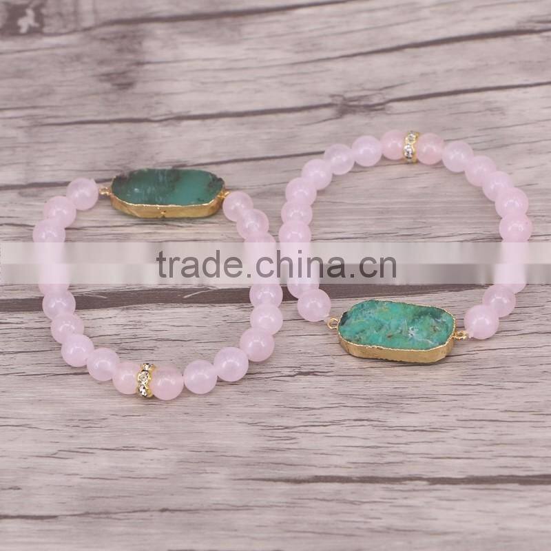 Gold Plated Australia Jade Connector Druzy Bracelet, Rose Quartz Stone Beaded Bracelets