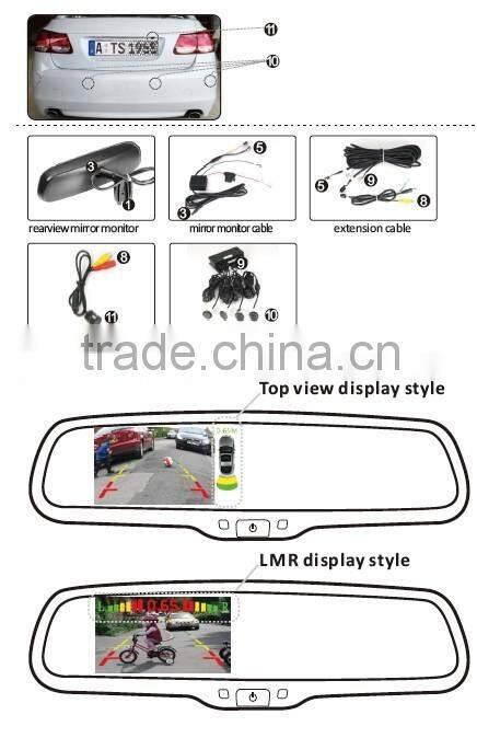 4.3 inch parking sensor mirror monitor with AUTO DIMMING & COMPASS & TEMPERATURE