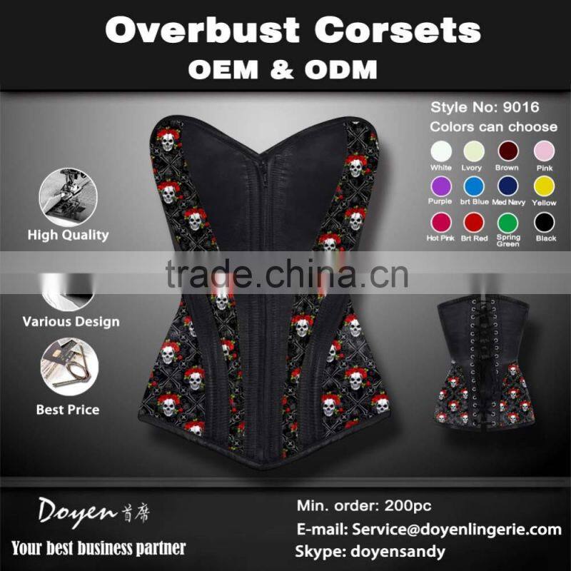 printing sexy zipper overbust corset bodysuit to wear out