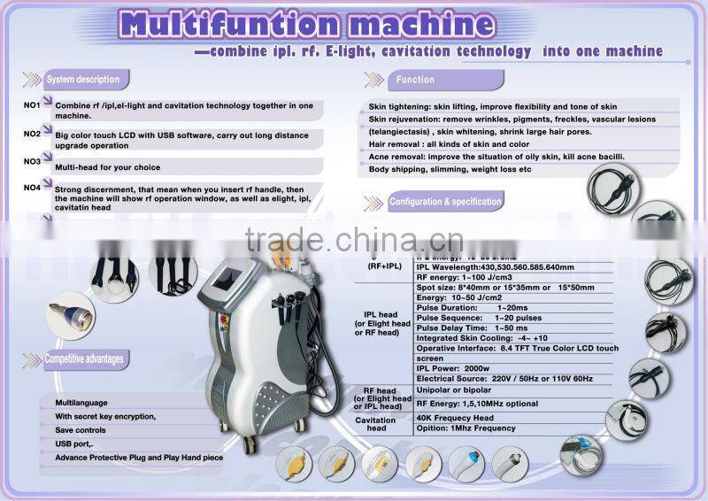 multifuntional (hair removal and body slimming ) beauty machine (ipl +rf+cavitation )