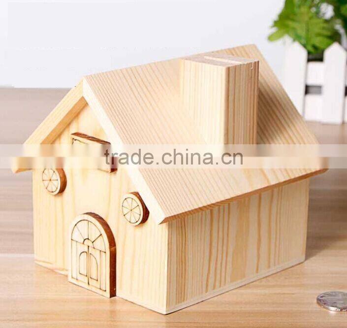 wood coin bank with hinged open doors