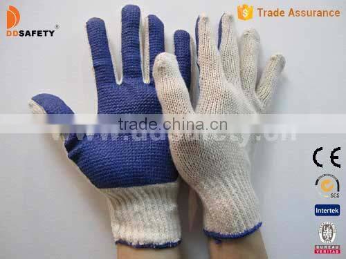 Natural Cotton Polyester Gloves String Knit Gloves With Blue PVC Coated On Palm