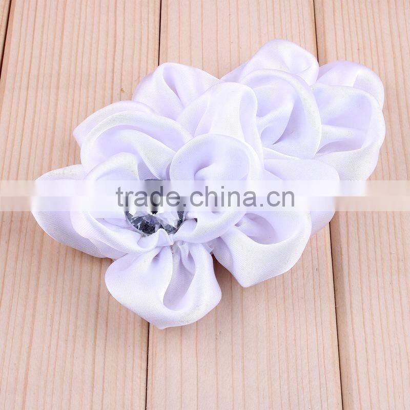handmade satin fabric flower with rhinestone center for kids hair accessories