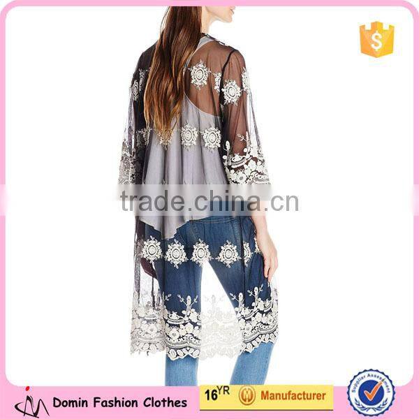 Women Sheer Mesh Fabric with Embroidered Detail Kimono