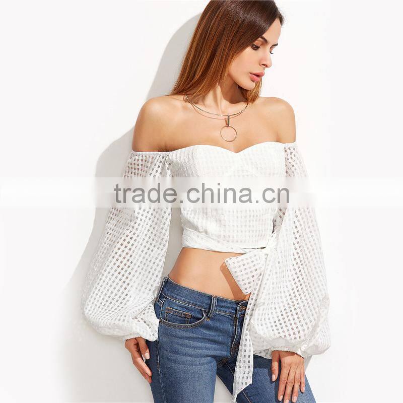 Ladies Sexy Slim Off Shoulder Blouses White Oversize Lantern Sleeve Belted Eyelet Top Blouse