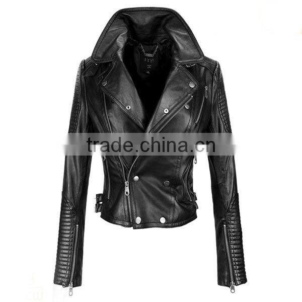 China coat manufacturer modern sexy black women leather jacket