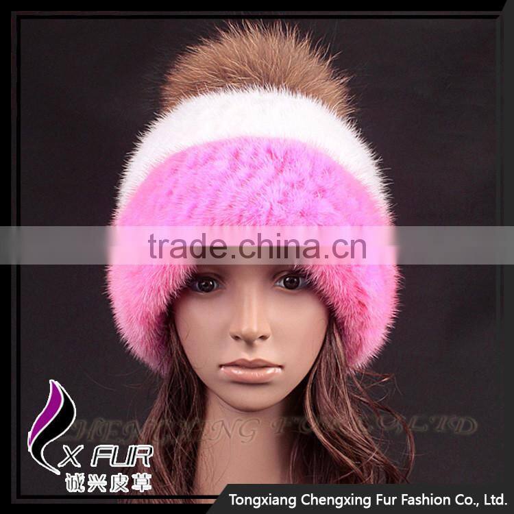 CX-C-235N New Design Knitted Animal Mink Fur Pom Pom Beanie Hats Wholesale