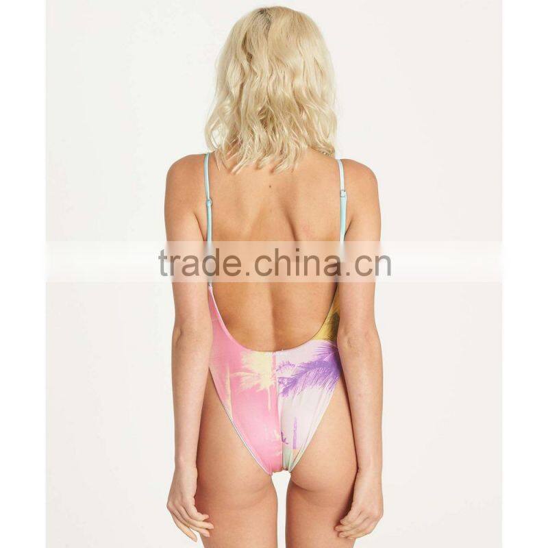 Customize Color Stripe Print One Piece Swimsuit High Cut Leg Low Scoop Back Swimwear Polyamide Elastane Blend Material Bodysuit