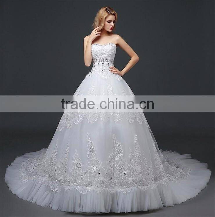 Sexy Bandeau Lace Beaded Cream Crepe Ruffles Weding Dress Pleated Corset Bodice Luxury Bridal Dress
