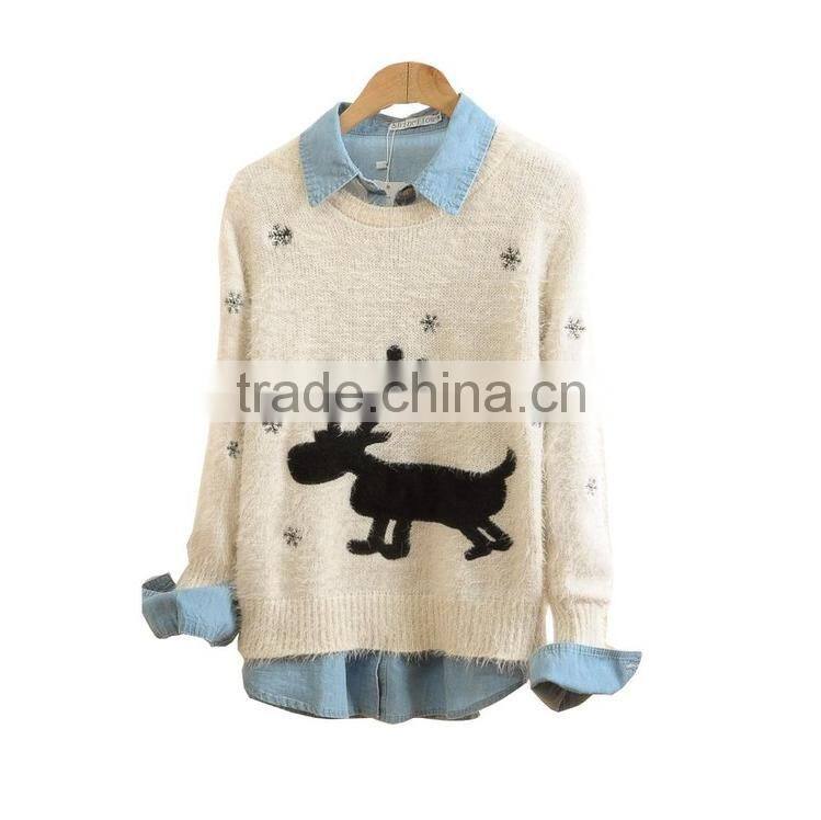 Fashion deer blue long sleeve ugly christmas jumper for women