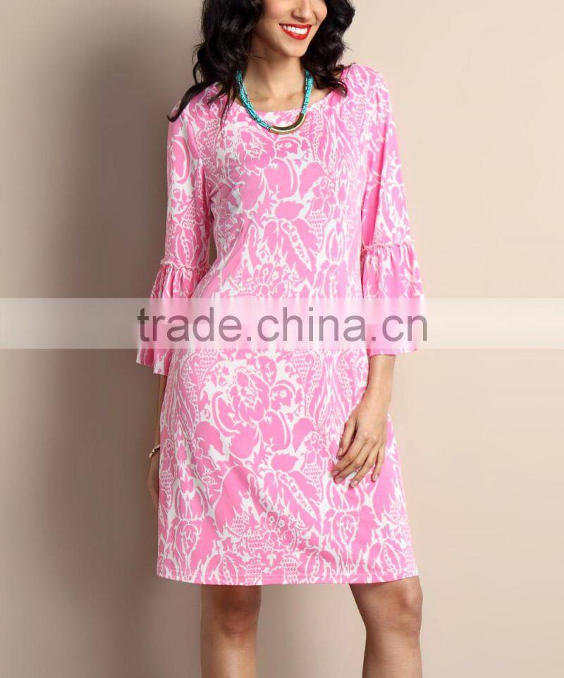Latest Women Casual Dress With Light Pink Floral Bell-Sleeve Shift Dress Women Floral Dress Women Clothing GD90426-37