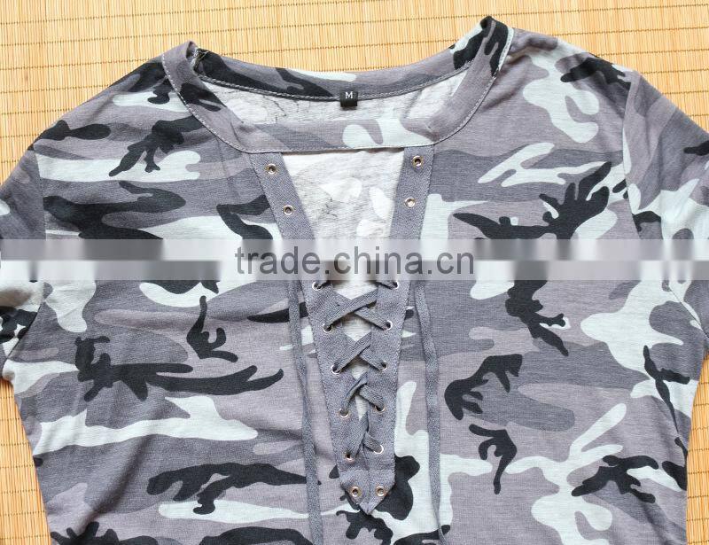 Women's hollow-out deep V-neck long sleeve camo t shirt