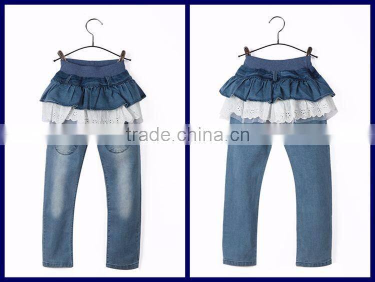 Latest design round pocket design sky blue culottes lace kid ruffle dress pants